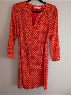 Tory Burch Orange Boho Printed Silk Shift Dress with tie Size 4